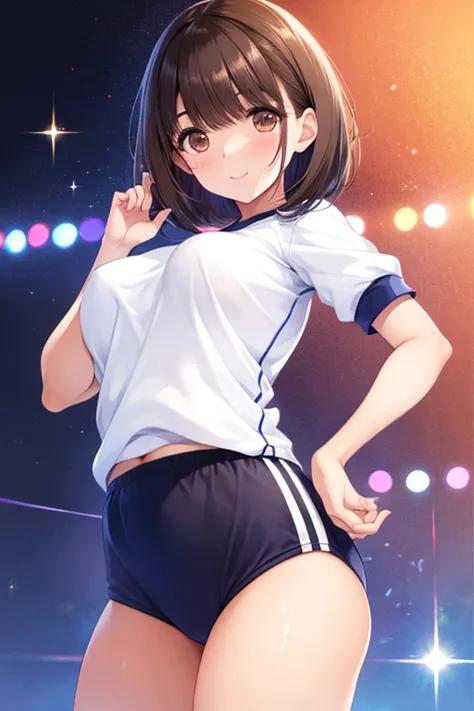 nsfw,anegasaki nene、Shiny brown hair, short hair, (Beautiful brown eyes)、smile、Sparkling eyes, (Fine grain)、Ultra-detailed eyes、Highly detailed face, Highly detailed eyes,Cowboy Shot、Short sleeve cropped gym uniform、buruma:1.5