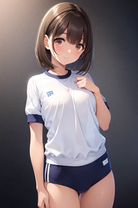 nsfw,anegasaki nene、Shiny brown hair, short hair, (Beautiful brown eyes)、smile、Sparkling eyes, (Fine grain)、Ultra-detailed eyes、Highly detailed face, Highly detailed eyes,Cowboy Shot、Short sleeve cropped gym uniform、buruma:1.5