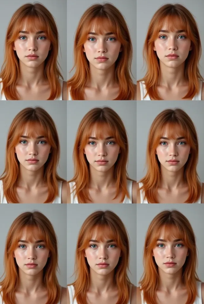 This photograph is a composite of nine photographs arranged in a [3x3 grid], featuring the same european girl in various expressions and poses against a plain, muted gray background. 

1girl orange hair with bangs and green eyes. 
Her expressions range fro...