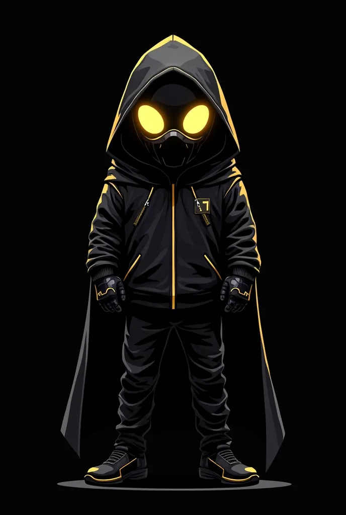 A futuristic mascot-style hacker standing confidently, wearing a black hooded cloak and a sleek golden mask with large, glowing golden eyes. The character exudes mystery and power, with a strong, imposing stance. The vector-style illustration is clean and ...