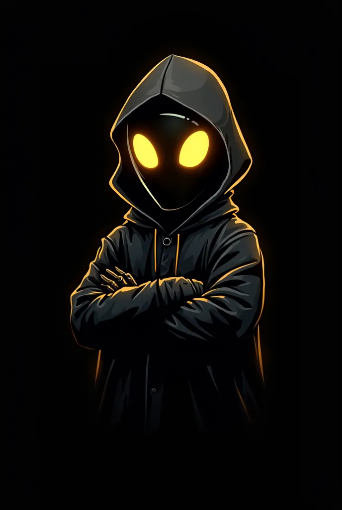 A futuristic mascot-style hacker standing confidently, wearing a black hooded cloak and a sleek golden mask with large, glowing golden eyes. The character exudes mystery and power, with a strong, imposing stance. The vector-style illustration is clean and ...