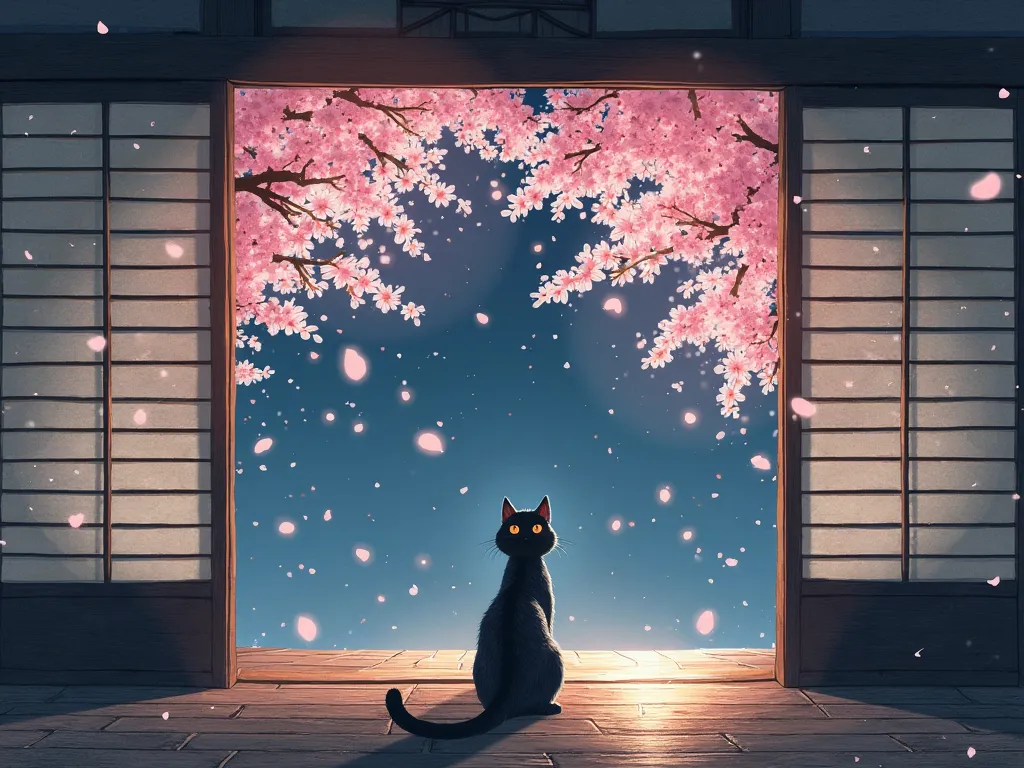 A cat standing in a Japanese house with cherry blossoms at night