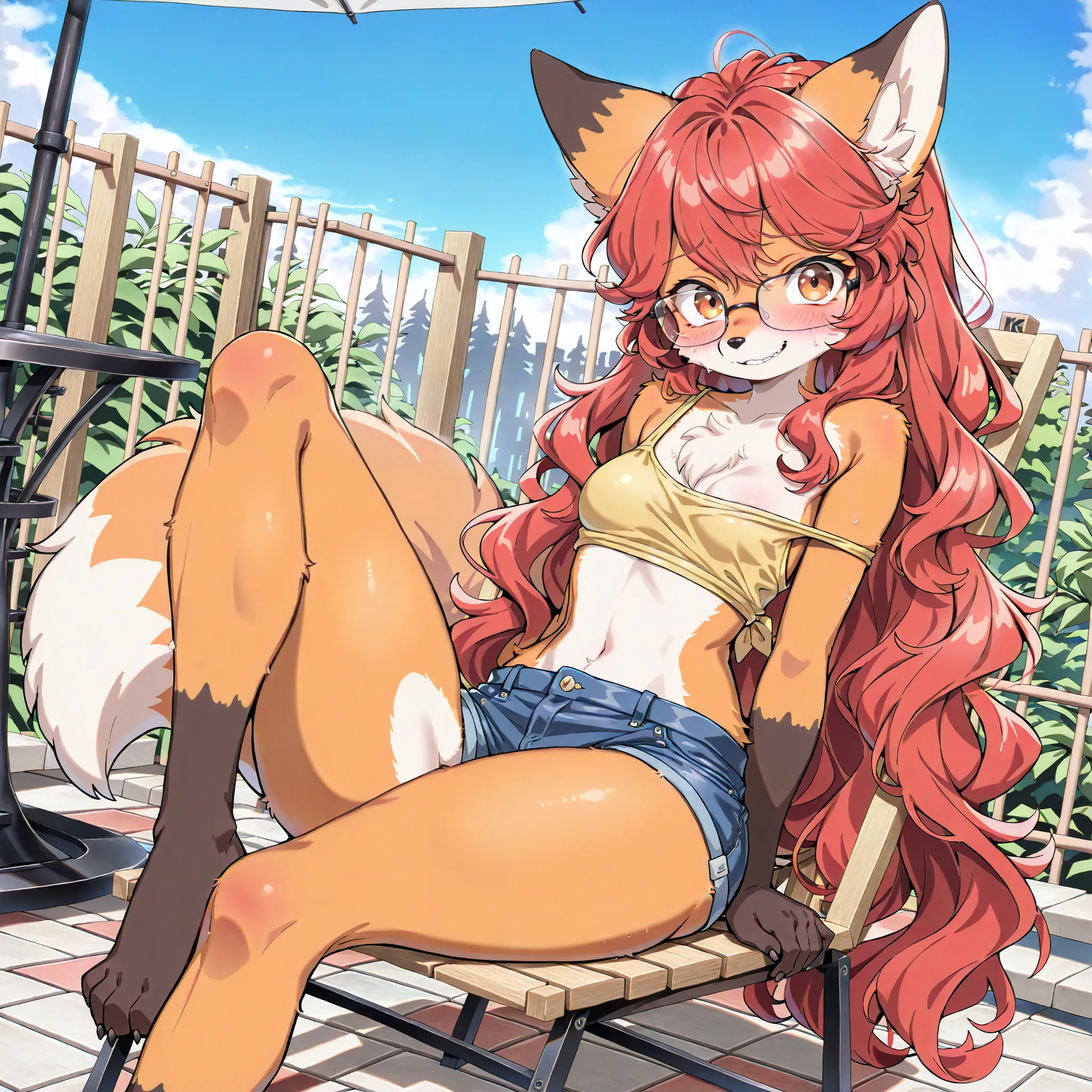 (furry, kemomo:1.5), solo, alone, detailed fox girl, orange fox girl, detailed hair, very long red hair, wild wavy hair, wolf cut hairstyle, detailed eyes, amber eyes, expressive eyes, glasses, animal nose, nervous smile, blushing, detailed fur, orange fur...