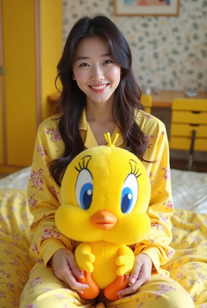 portrait of a Korean woman, hair loose with a round face, wearing bright yellow pajamas with floral motifs, the woman is sitting on a bright yellow bed with floral motifs, laughing facing the camera, hands holding a big Tweety , the background of the room ...