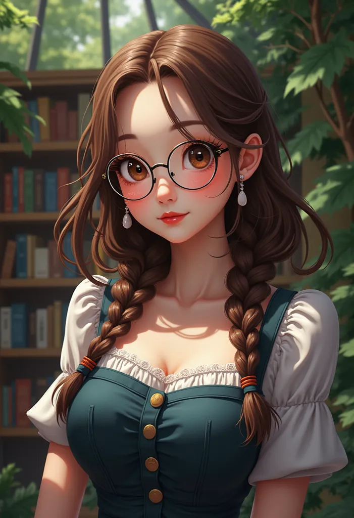 A beautiful woman in a cute Pennefore dress. long braids. round glasses. large dreamy eyes. he Official Art – An Award-Winning Digital Masterpiece In 4K Ultra HD, Extreme Detail And Intricate Realism. This Concept Art Brought To Life By The Hands Of Artist...