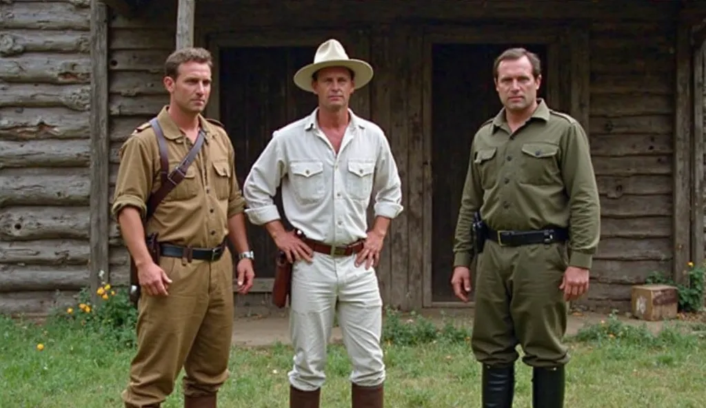 Image is a still from a film or television show, featuring three men in a rustic outdoor setting. The scene is set against a backdrop of wooden structures, possibly a cabin or barn, with weathered wood and a grassy foreground. The man on the left is wearin...