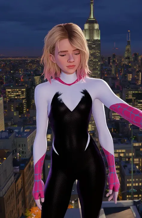 score_9, score_8_up, score_7_up, by 0r0ch, 1lilandavastyle, solo, spidergwen, hailee steinfeld, sexy athletic body, slender body, wearing her costume, damaged costume, upper part is torn apart exposing beautiful nude breasts, hard nipples, sweat, shooting ...