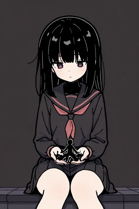 masterpiece, best quality, highest resolution, 1girl, school uniform, long hair, cupping both hands, small black shadow figure on hands, sitting