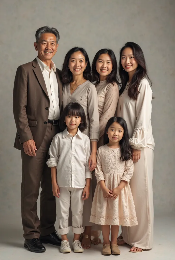 family photo of 7 people, 69 years old father, 65 years old mother, 30 years old women, 38 years old women, 42 years old women, 36 years old women, 35 years old man, asia face, photo studio