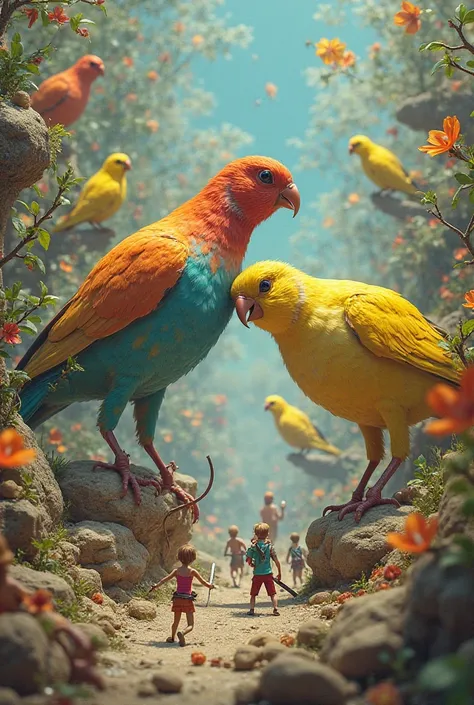 Miniature people fighting giant canaries 