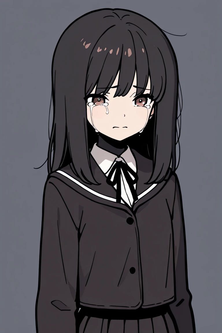 masterpiece, best quality, highest resolution, 1girl, school uniform, long hair, black hair, crying, simple background, black shadow, brown eyes