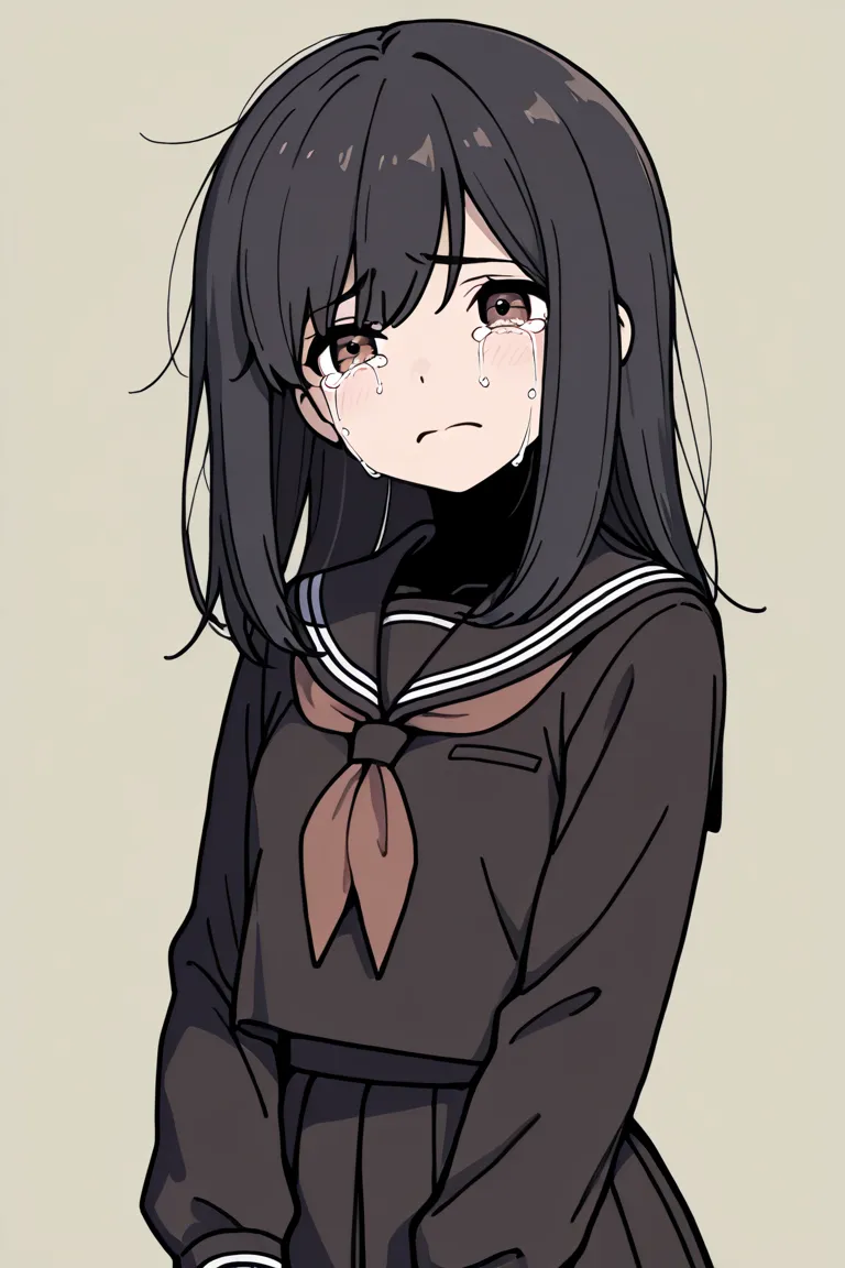 masterpiece, best quality, highest resolution, 1girl, school uniform, long hair, black hair, crying, simple background, black shadow, brown eyes