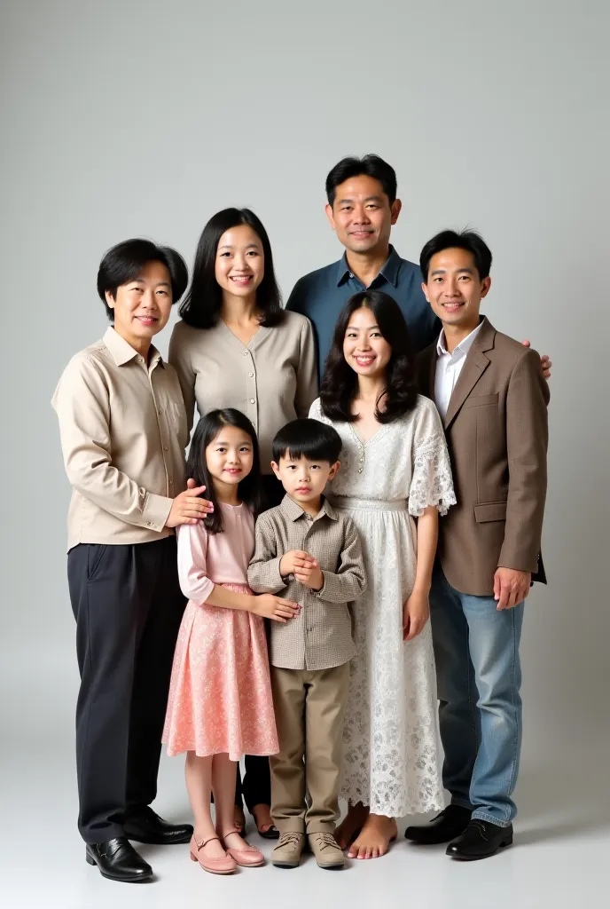 family photo of 7 people, 69 years old father, 65 years old mother, 30 years old women, 38 years old women, 42 years old women, 36 years old women, 35 years old man, asia face, photo studio, no s