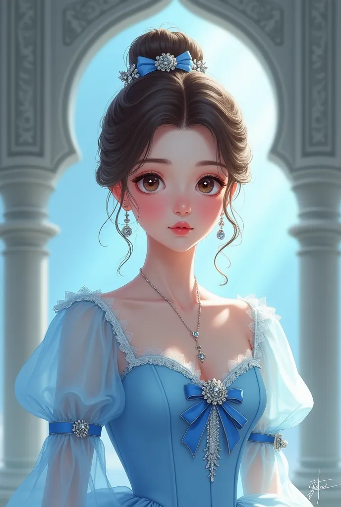 A digital illustration shoot from a portrait camera angle about a beautiful young woman in a light blue dress with intricate details, set against a soft, ethereal background. the image also shows a serene and elegant atmosphere. on the middle of the image,...