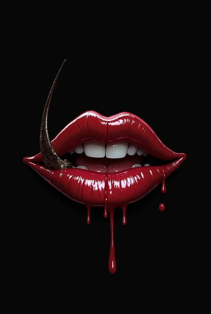 You can generate an image with a black background from which some teeth with fangs emerge? They are Iria's teeth so I want full and beautiful lips. It could be that a fang invades the lip and blood comes out. I want full lips in a dark style with space to ...