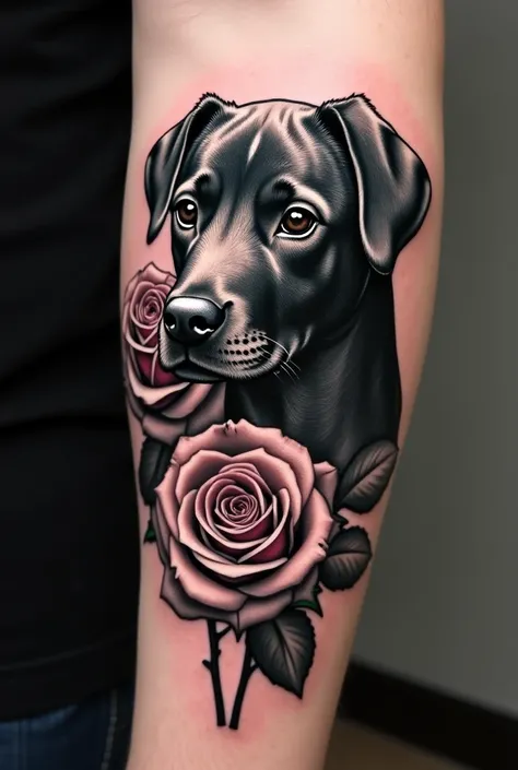 Generate a tattoo of two roses with a dog's face, I want it to look realistic and as real as possible, as if a human had done it , I want the tattoo to be black white with shadows, I don't want it to have any color.
