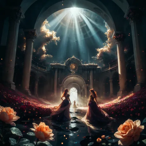 "A surreal and image, representing the duality of light and shadow in love. A central figure stands between two worlds: one side bathed in warm, golden light with blooming flowers and soft rays, the other side in cool, dark shadows with abstract shapes and...