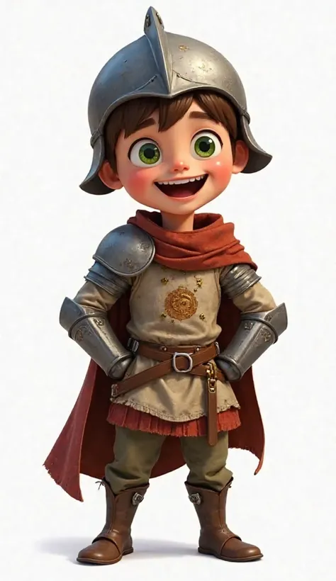 A Disney-Pixar inspired full-body illustration of Javi, an  boy with an adventurous expression. His mouth is open as if shouting, 'Here we go!' filled with excitement and determination. He has short brown hair and striking green eyes. Javi wears a slightly...