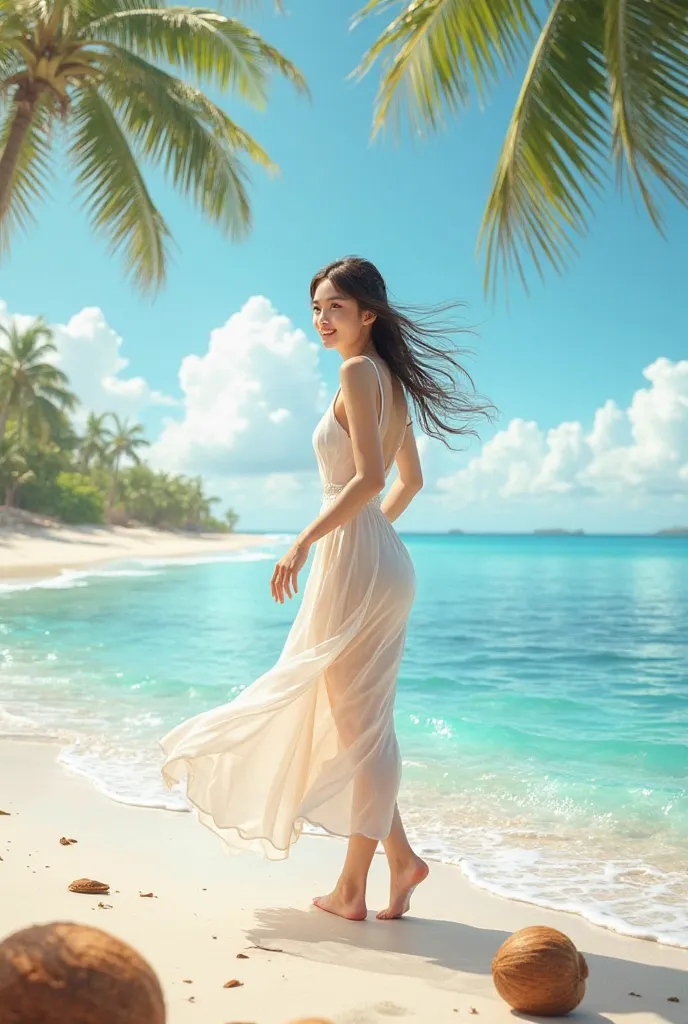 Beautiful Asian girl strolling by the sea,  white sand, golden sun and green coconuts