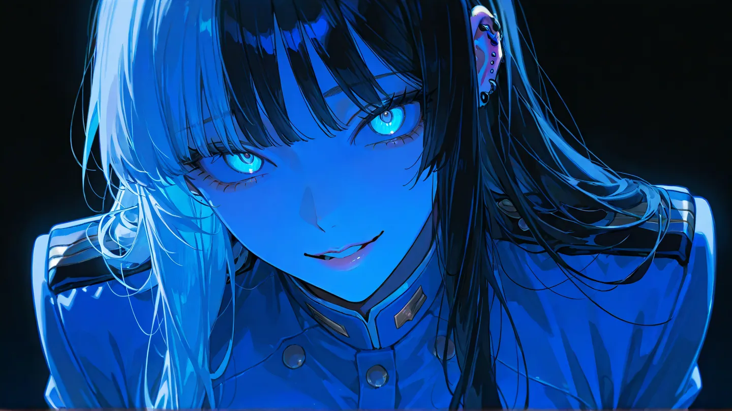  1 female,  A girl who looks like a man，Nice face , long hair， Long Hair ， black hair，Light Hair ，Halterbra，bangs,  blue eyes  , uniform,black background, ear piercing， blue theme，yandere，Condescending eyes