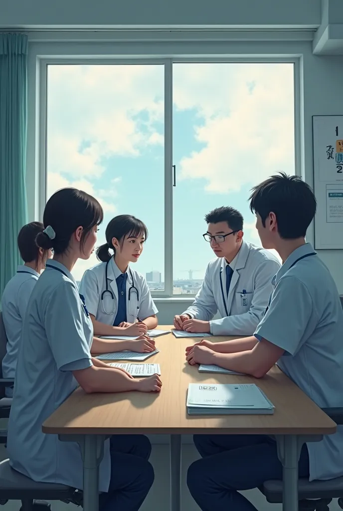 Japanese psychiatric team care、Team conference scene、　 participants 、Male Psychiatrist, Female Psychiatric Nurse, Male Nurse, Male Occupational Therapist, Female Pharmacist, Female Social Worker, Female Registered Dietitian、I can't see outside the window