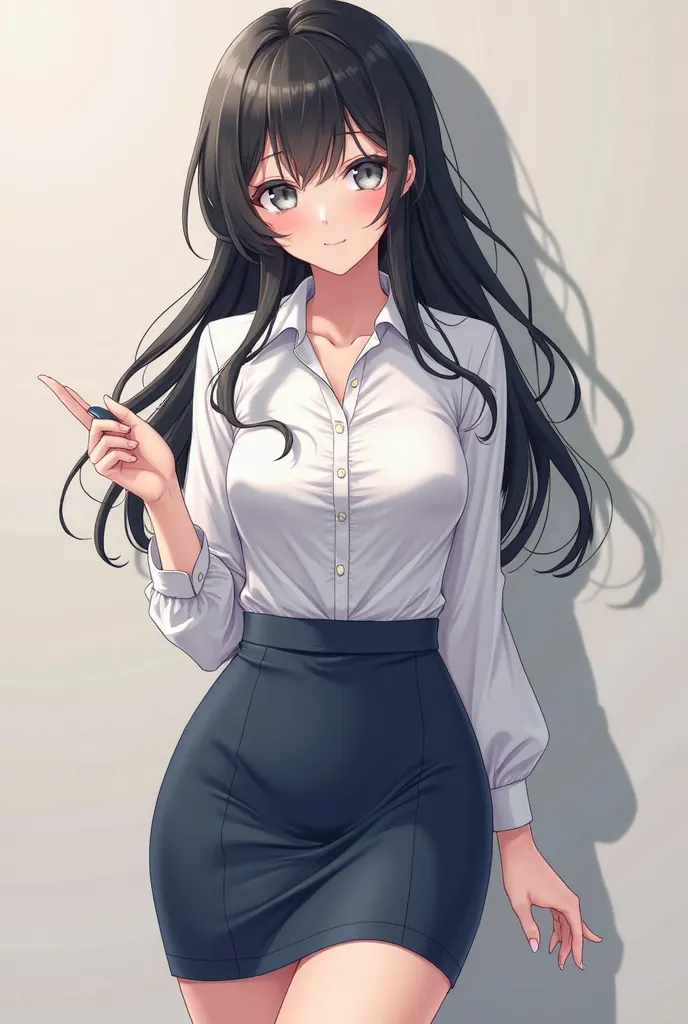 Generate an cute and tsundere anime girl with black hair and grey eyes,she has big breast and very big tights,wearing an tight white button shirt and dark blue pencil skirt