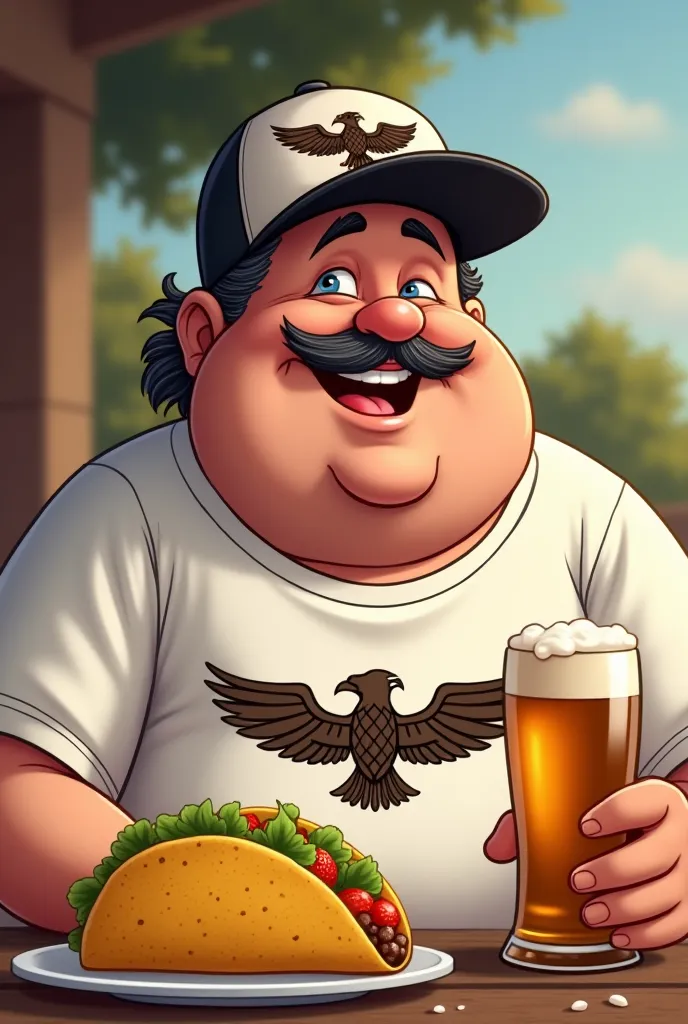 Chubby cartoon man with mustache and a cap with an eagle t-shirt eating a taco and a beer  