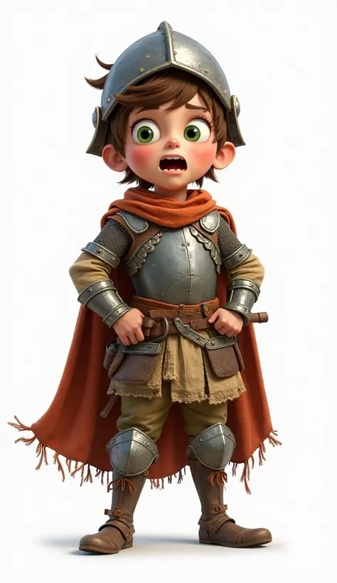 A Disney-Pixar inspired full-body illustration of Javi, an  boy with an adventurous expression. His mouth is open as if shouting, 'Here we go!' filled with excitement and determination. He has short brown hair and striking green eyes. Javi wears a slightly...