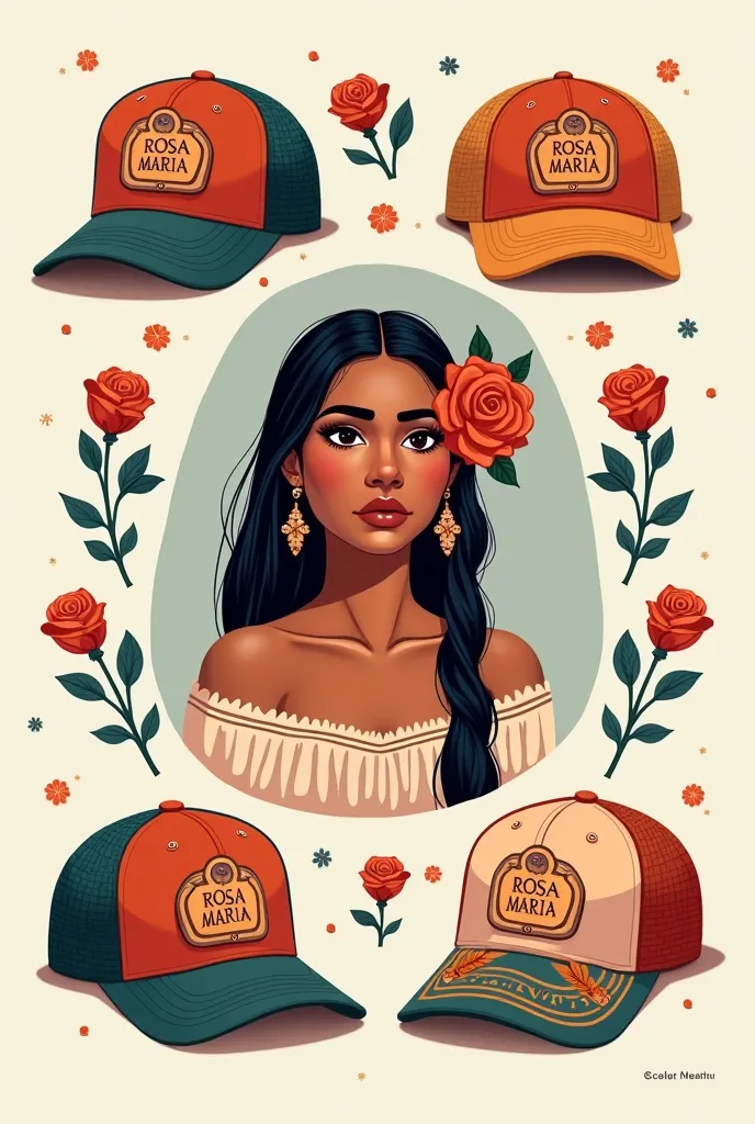 Create a model sheet of caps with the Rosa Maria logo written with an indigenous woman with a rose in her hair.