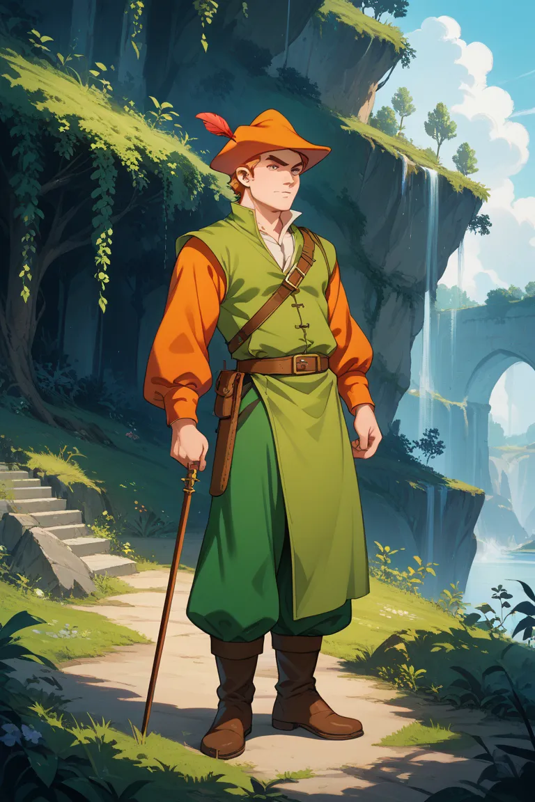 ((very simple background)),((Robin Hood)),(character design),(Archer),, boy,ful body,Alone,wild and rough clothes