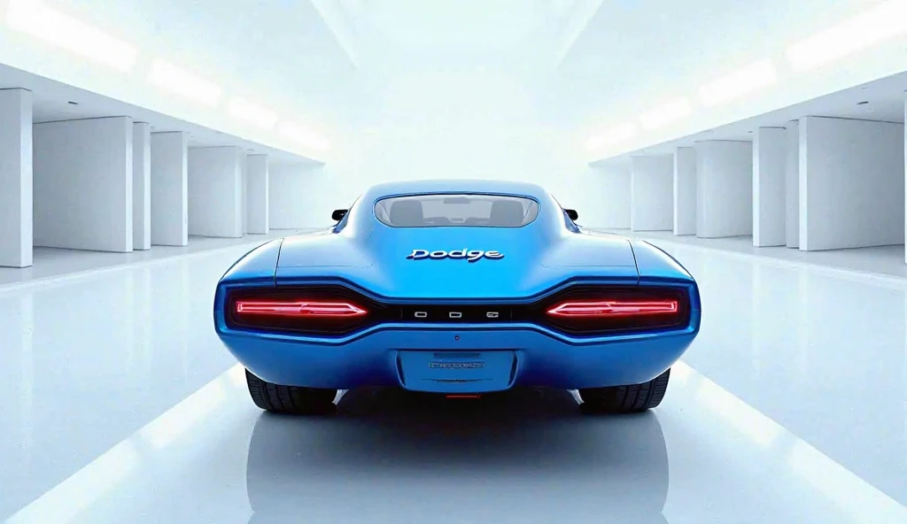 A captivating and futuristic image of the 2025 dodge coronet is displayed in a luxurious white showroom. The car is painted in a striking vibrant (blue) hue, emphasizing its sleek, aerodynamic design with bold accents that highlight the cutting-edge innova...