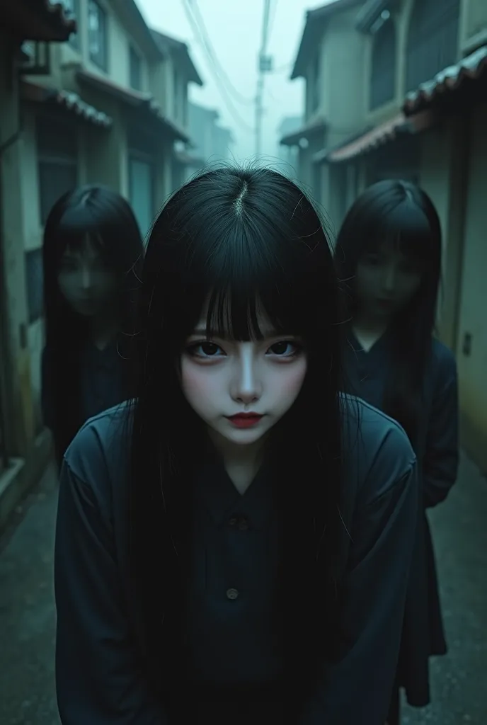   photos、生 photos、8k、high image quality、Zoom and focus on the 3 girls' faces、Japanese Girls、Back alley in town
colours:  uses dark colors over the scene , Zoom and focus on the scary faces of.