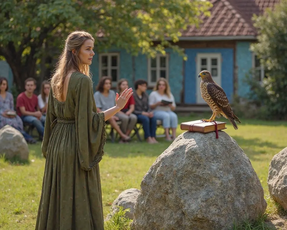 Create a REALISTIC HD 8K PHOTO image, Where a beautiful woman dressed in a long olive dress has her back to the camera she has a bible on a big rock and next to it there is another rock where a falcon is standing,She is making gestures, in the background t...