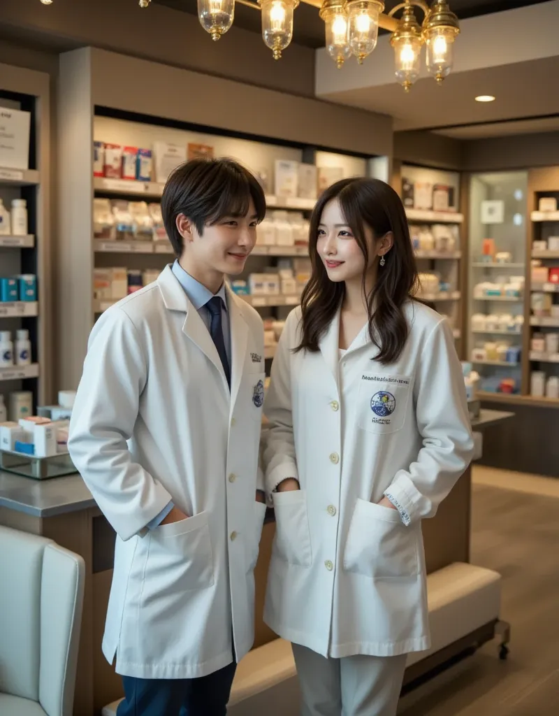 A pharmacist working in the interior of a luxurious pharmacy. The pharmacist wears a shirt and a white coat. Two pharmacists, a man and a woman, stand, smile at each other, and have a professional yet warm conversation. This clinic features elegant lightin...