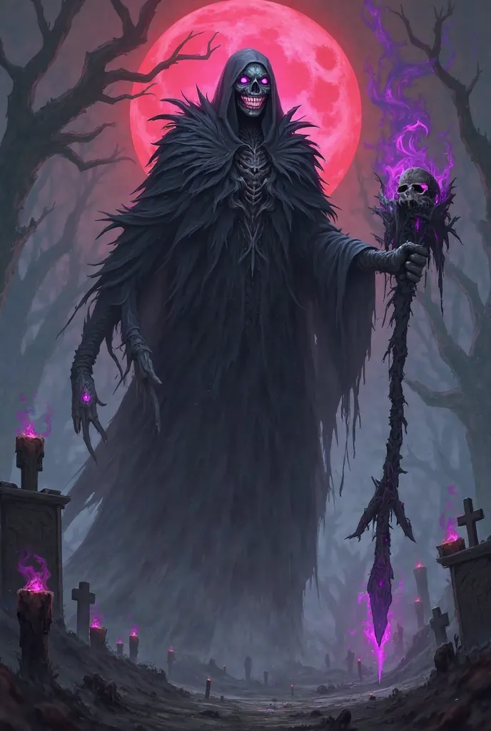 Display : Morgrath had a tall body, skinny , and was shrouded in a torn black robe that looked like the smoke of darkness. His face is terrible , with purple glowing eyes and a wide grinning mouth with sharp teeth.

Weapon: A large sickle in black with a p...