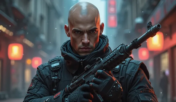 Create an image of a bald male agent as the main character in Valorant. He should exude a confident and determined look. His weapon should be kuronami vandal. The background should subtly hint at an Ascendant rank level, with elements like glowing accents,...