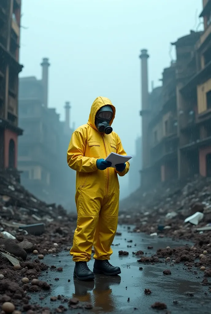 In the background a destroyed chemical plant on a rainy winter day
A person wearing a yellow chemical protection suit including a mask against chemicals
Holding the page