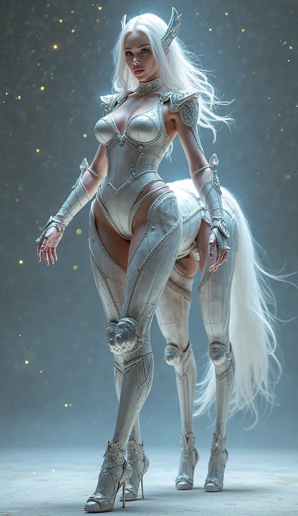  woman  (Centaur:1.4),  four legs，android, huge huge bra, crystal high heels ，Sparkling with stars everywhere，（( cuirass armor in knight armor: 1.6)）（Flesh-colored skin  ( Cynthia Sheppard ), Light and radiant skin ,  full height CGSociety ,  beautiful ful...