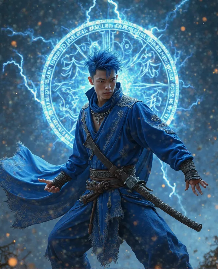 A handsome, fair-skinned Asian man, 180 cm tall, with blue hair styled in a modern way, is wearing a blue ninja outfit with beautiful and modern patterns, complemented by a stylish cloak that adds a cool touch. He has a leather belt with silver patterns th...