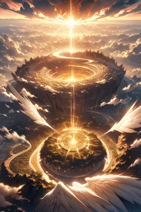 super fine illustration, masterpiece, best quality, view from the hill, Sunlight shining through gaps in the thick clouds, A horde of angels with shining angel wings descends