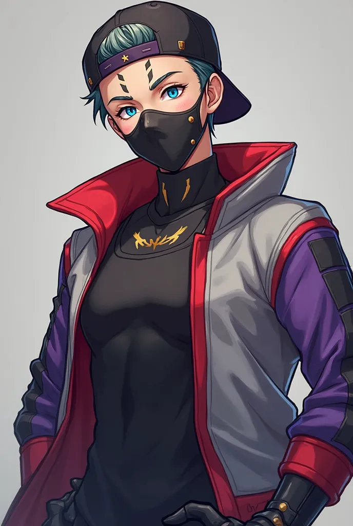 Game Free Fire style character, men's skin with a back cap and a black mask with gold effects, blue eyes with two vertical markings on the forehead above the eyes, with a black tank top with red and purple details, an open gray jacket with purple sleeves a...