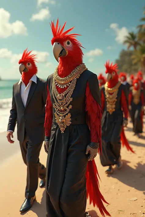 Several red parrots in black suits and gold ornaments, with their red parrots wearing black dresses with gold ornaments walking along the beaches of Brazil