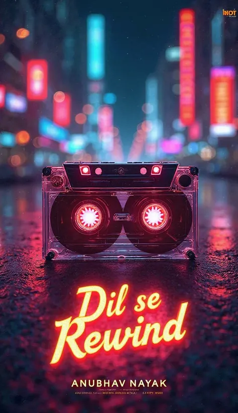 A vibrant and nostalgic album cover capturing the essence of 'Dil Se Rewind' by Anubhav Nayak. The design blends retro 90s Bollywood aesthetics with a modern touch. The background features a vintage cassette tape unraveling into glowing sound waves, symbol...