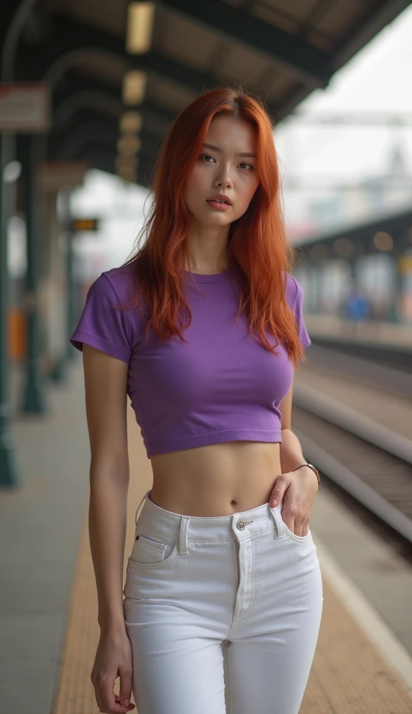 Realistic photo of a pretty woman standing at the train station. She is wearing a purple crop top and white jeans. She has straight red hair. 