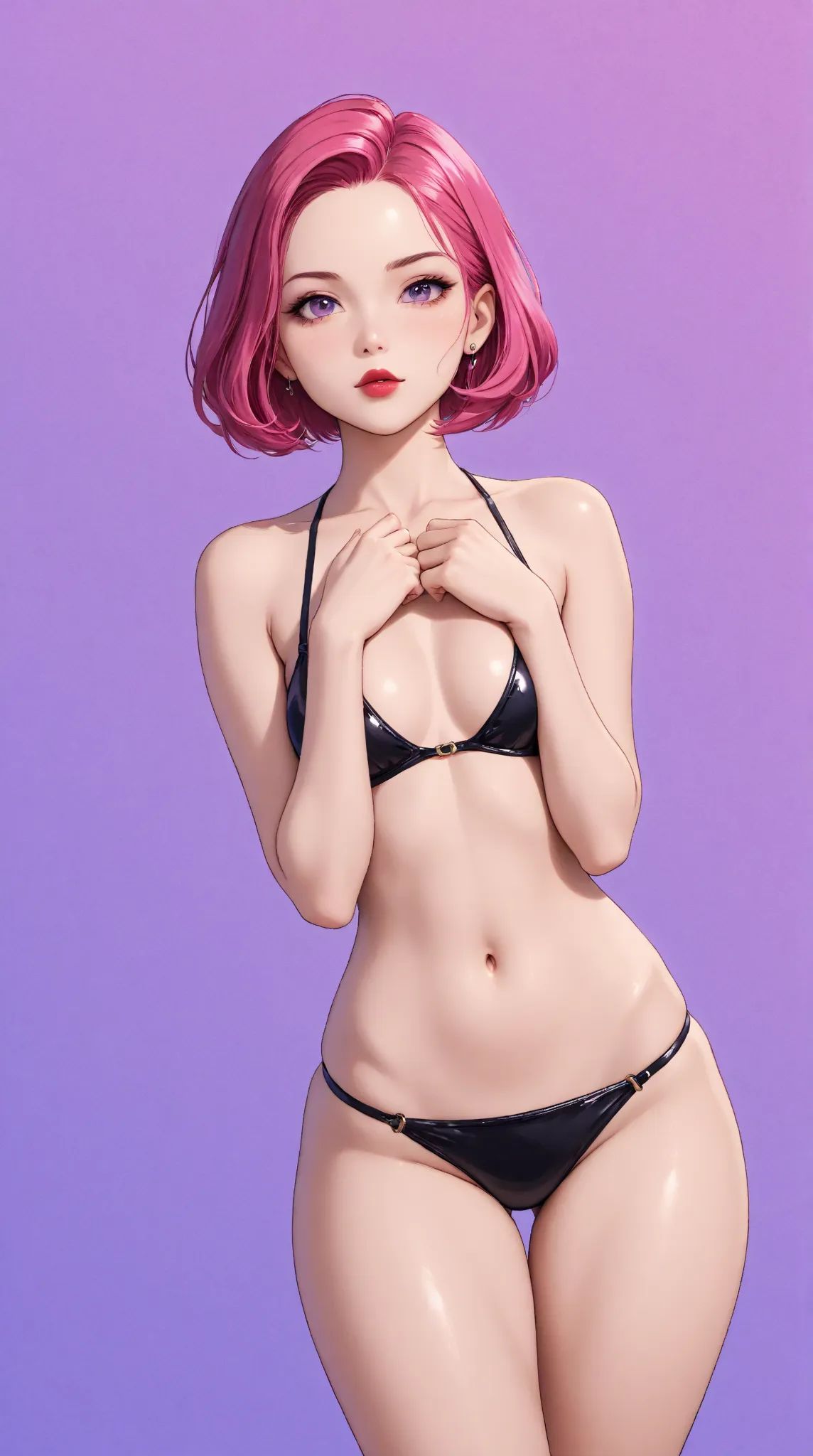 one girl, An ennui look、Upper body angle、 black background、bob cut、 short hair, colorful hair, parted lips, red lips, highest quality、masterpiece、small breasts, cleavage, shiny skin, (eyes looking off to side), Highly detailed, Amazing work，Vitreous luster...