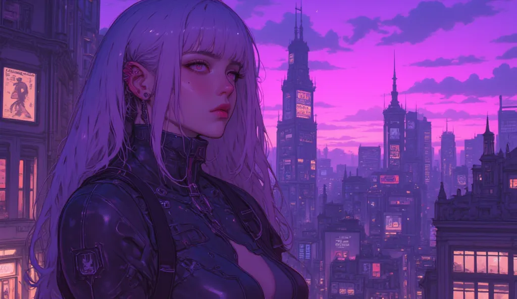 highest quality　Ultra delicate　Japanese anime anime　 one pretty girl　　Strong shadows 　contrast after screen action 　サイバーpunk　punk 　Emotional　Sadness　sunset　twilight　Purple　Big boobs staring at the sunset　 popup