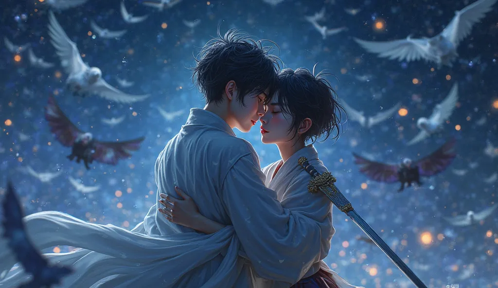  fantasy。Attacked by a large number of flying demons approaching、a young man who cries and closes his eyes while hugging and fighting with a sword with an angry face。Stars that shine like crystals at night。4K