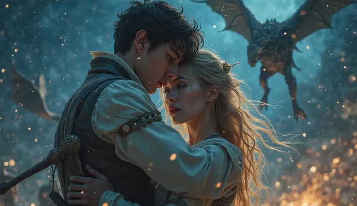  fantasy。Attacked by an oncoming crowd of flying demons、A young man who hugs a beautiful blonde woman crying and closes her eyes while fighting with a sword with an angry face。Stars that shine like crystals at night。4K