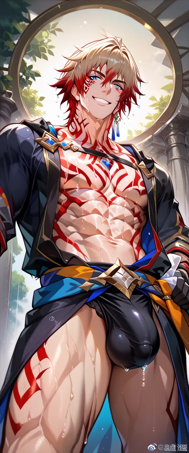 excellent work, Face Paint, Special Details, header), ( Semi-Realistic Anime ), muscular man, Clear belly, Wet skin,  sweat drop balls  , (Low angle), (. Geometric-oriented view.), (bubble bag:1.5), jewelry, studded belt, confident smile , Dark Blue Eyes ,...