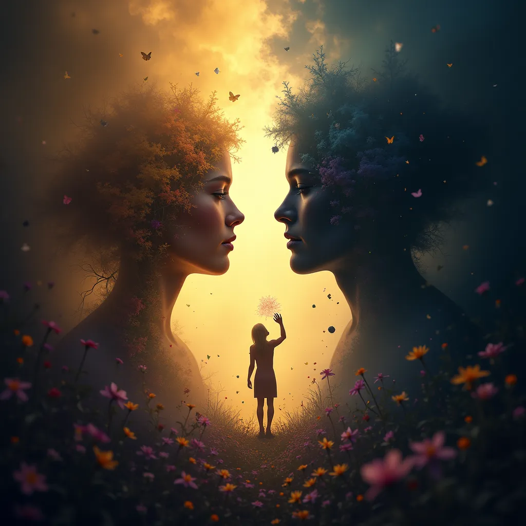 "A surreal and image, representing the duality of light and shadow in love. A central figure stands between two worlds: one side bathed in warm, golden light with blooming flowers and soft rays, the other side in cool, dark shadows with abstract shapes and...